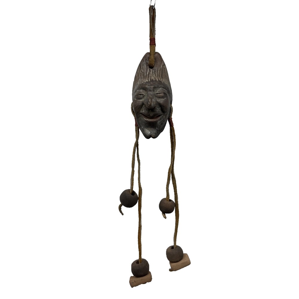 Small African Tribe Clay Mask Hanging Sculpture Signed Smiling Amulet Folk Art
